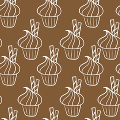Vector seamless pattern with hand drawn cupcakes in line art style. Vector illustration