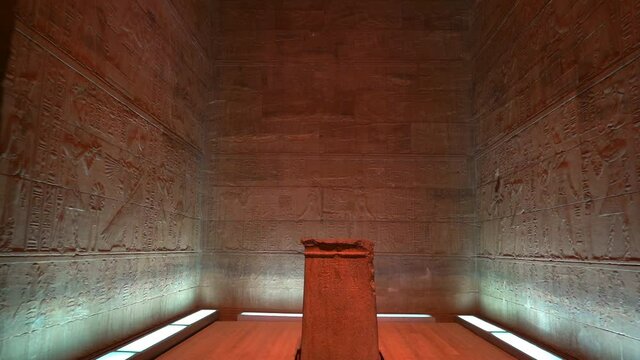 Sacred room of the Temple of Philae without people, Greco-Roman construction seen from the Nile river, temple dedicated to Isis, goddess of love. Aswan. Egyptian