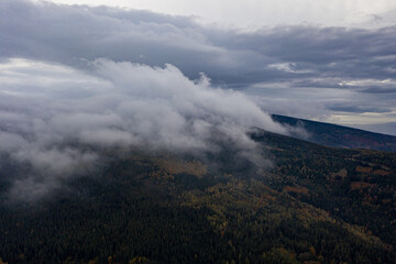 Aerial drone photography of the Karkonosze mountains in Poland during the autumn season. 