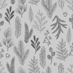 Xmas Seamless pattern with Christmas Tree Decorations, Pine Branches hand drawn art design vector illustration.