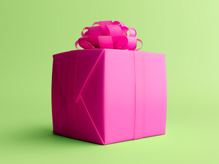 White Gift box with Blue ribbon on Pink background for copy space. Christmas minimal concept idea.