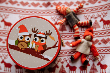 red Christmas background with owls