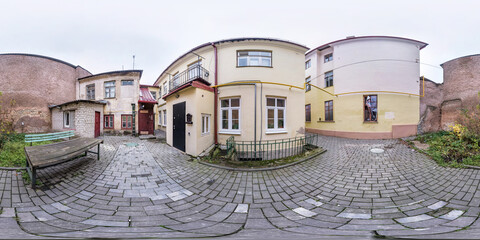 full seamless spherical hdri panorama 360 degrees angle near old houses in narrow courtyard of city...