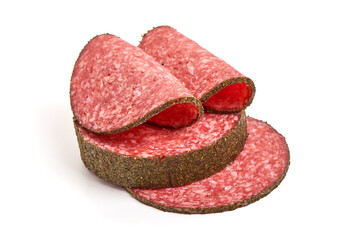 Sliced Salami with spices, isolated on white background