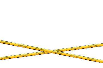 Crossed yellow and black barrier tape with Quarantine lettering.