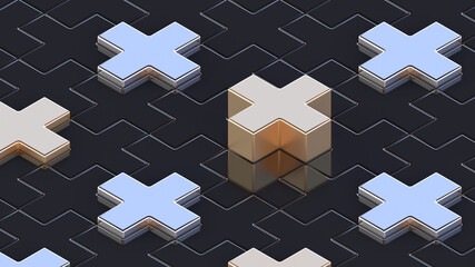 Abstract 3D render. Gold, silver and black medical cross or x or plus. Symbols or signs. Modern pattern illustration. Background wallpaper. Health care poster or banner design. Isometric composition.