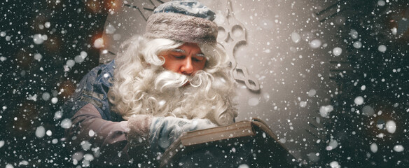 Magical russian Santa Claus (Grandfather Frost) in a blue caftan sits in front of the christmas...