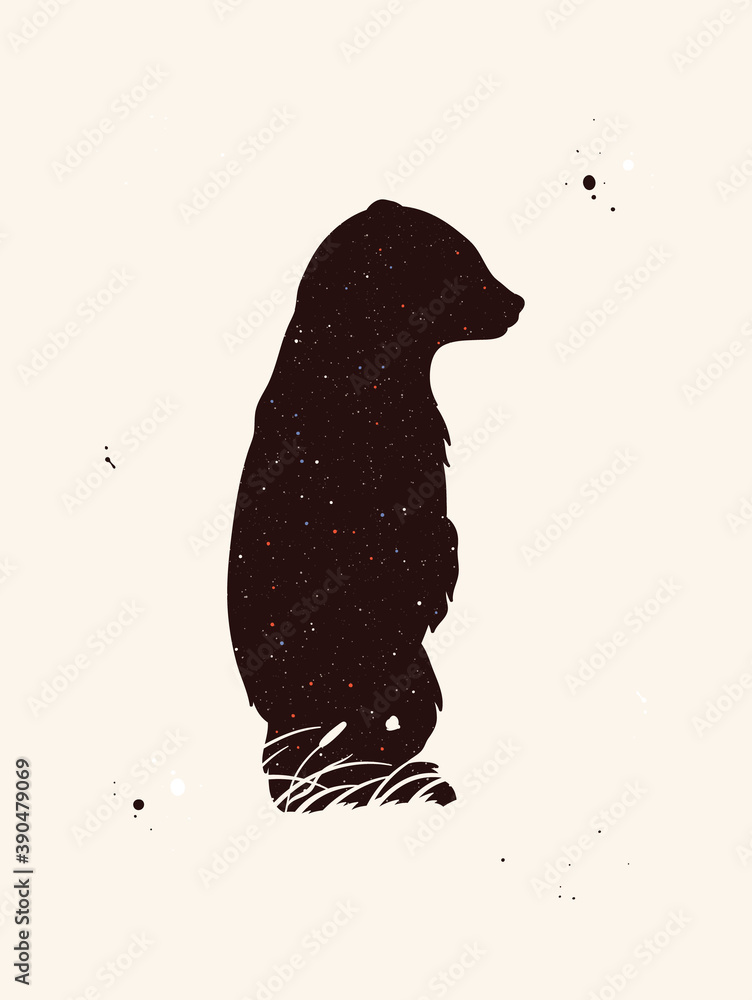 Poster baby bear silhouette. abstract animal shape. night starry sky