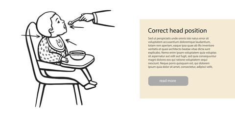 first baby food. Feeding. Hand drawn line illustration of baby with meal and mom hand with spoon. The child correct head position to eat. Stock vector illustration.