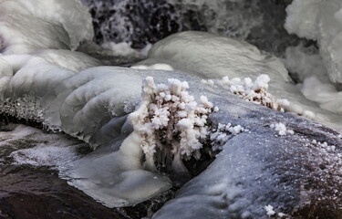 Fast river with ice and snow in late autumn