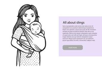 Hand drawn line illustration of women carrying a baby in a sling. Stock vector illustration. Baby carrier, sling, backpack safety.