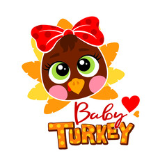 Baby girl turkey illustration for baby Thanksgiving Day. Sublimation print for junior clothing, family decor, invitation card, poster, gifts design