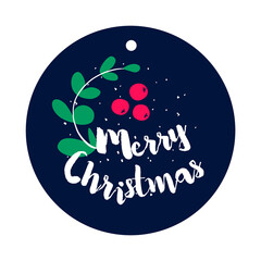 A sprig of mistletoe and berries with text on dark background. Flat style. Vector christmas sticker. - 390481211