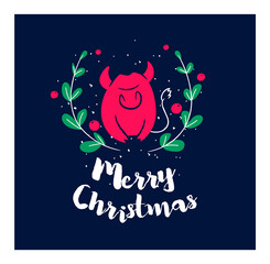 A sprig of mistletoe and a bull with text on dark background. Flat style. Vector christmas card. - 390481269