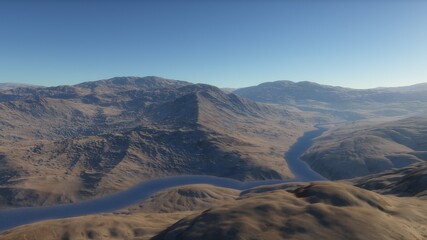 Fantastic digital surface of a distant planet, arial digital landscape, science fiction landscape 3d render