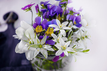 bouquet of small white wild onion flowers and purple pansies in a vase. Close-up, selective focus