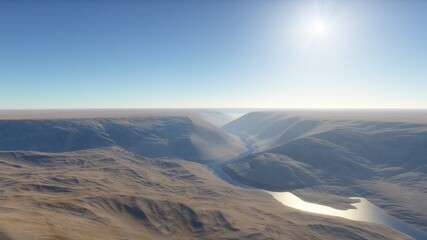 Fantastic digital surface of a distant planet, arial digital landscape, science fiction landscape 3d render