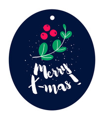 Twig and berries with text on dark background. Flat style. Vector holiday sticker. - 390481492