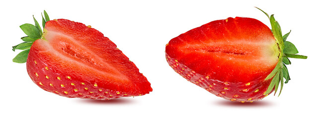 Halved strawberries isolated on white background with clipping path