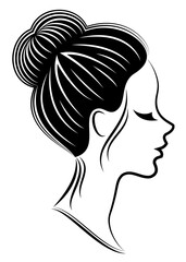 Silhouette of a profile of a sweet lady's head. The girl shows a female hairstyle on medium and long hair. Suitable for logo, advertising. Vector illustration.