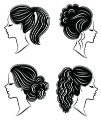 Collection. Silhouette of the head of a lovely lady. The girl demonstrates her pech hairstyle for long and medium hair. Suitable for logo, advertising. Vector illustration set.