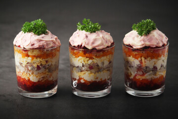 Dressed herring or herring under fur - traditional Russian salad