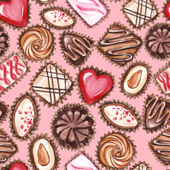 Chocolate candies.Seamless pattern. Design for textiles, napkins, tapestries, tablecloths, wrapping paper. Watercolor painting.