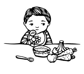 trouble first baby food. Hand drawn line illustration of baby with meal: bowl, spoon, apple, vegetables. The child refuses to eat. child unhappy with a no sign . colorful Stock vector illustration.