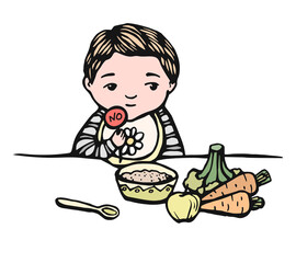 trouble first baby food. Hand drawn line illustration of baby with meal: bowl, spoon, apple, vegetables. The child refuses to eat. child unhappy with a no sign . colorful Stock vector illustration.