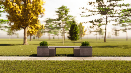 Garden stone bench with tree and grassland background