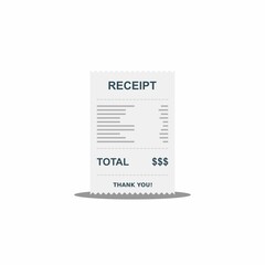 Receipt paper, bill check, invoice, cash receipt. Shadow design. Isolated icon.