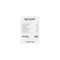 Receipt paper, bill check, invoice, cash receipt. White background. Isolated icon.