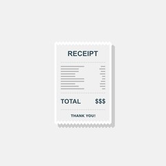 Receipt paper, bill check, invoice, cash receipt. White stroke and shadow design. Isolated icon.