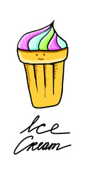 Isolated element on a white background. Rainbow ice cream in a waffle cup. Vector. Doodle. Different colors. Ice cream with a cute face. Suitable for menus, recipes and posters.