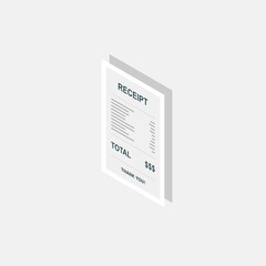 Receipt paper, bill check, invoice, cash receipt. White stroke and shadow design. Left view isometric icon.