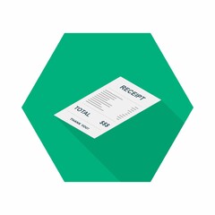 Receipt paper, bill check, invoice, cash receipt. Left view isometric icon.