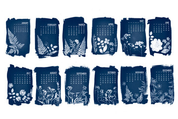 2021 calendar created with cyanotype process with floral leaves. 12 month set.