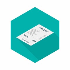 Receipt paper, bill check, invoice, cash receipt. Left view isometric icon.