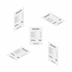 Receipt paper, bill check, invoice, cash receipt. White background. Isometric & Flat icon.