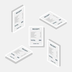 Receipt paper, bill check, invoice, cash receipt. White stroke and shadow design. Isometric & Flat icon.