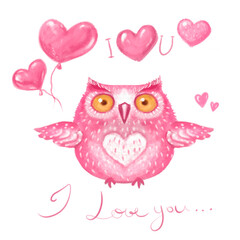 hand drawn illustration of cute cartoon owl. I love you lettering, hearts.  for design of valentines, cards, banners, etc