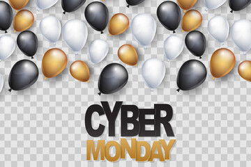 Cyber Monday banner design template. Big sale advertising promo transparent overlay concept with balloons and space for custom text. Website or magazine decoration. Vector illustration.