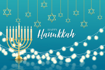 Happy Hanukkah. Traditional Jewish holiday. Chankkah banner or wallpaper background design concept. Judaic religion decor with Menorah, candles, David star. Vector illustration.