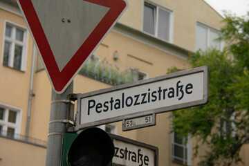 Pestalozzistrasse street sign closeup in Charlottenburg Berlin Germany