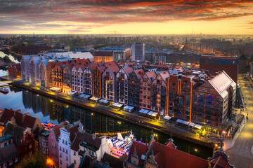 Aerial view of the old town of Gdansk at dawn, Poland