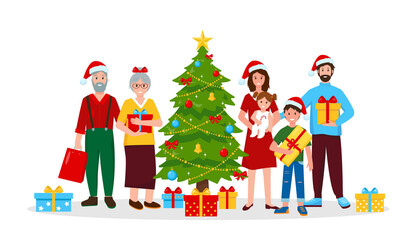 Happy family with christmas gifts near Christmas tree.