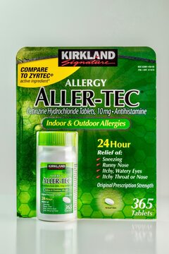 Kirkland aller-tec allergy medication isolated on white background 