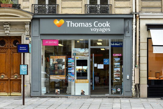 PARIS, FRANCE - SEPTEMBER 25, 2019: Storefront of a "Thomas Cook" agency in Paris, a British global travel group that collapsed and went into compulsory liquidation in september 2019.