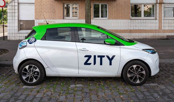 PARIS, FRANCE - JULY 28, 2020: Renault Zoe vehicle parked in the street belonging to the all-electric ZITY free-floating flexible carsharing service currently deploying in Paris.