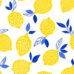 Seamless bright  pattern with lemons and leaves for fabric, drawing labels, print on t-shirt, wallpaper of children's room, fruit background. Doodle style cheerful background. - 390486241